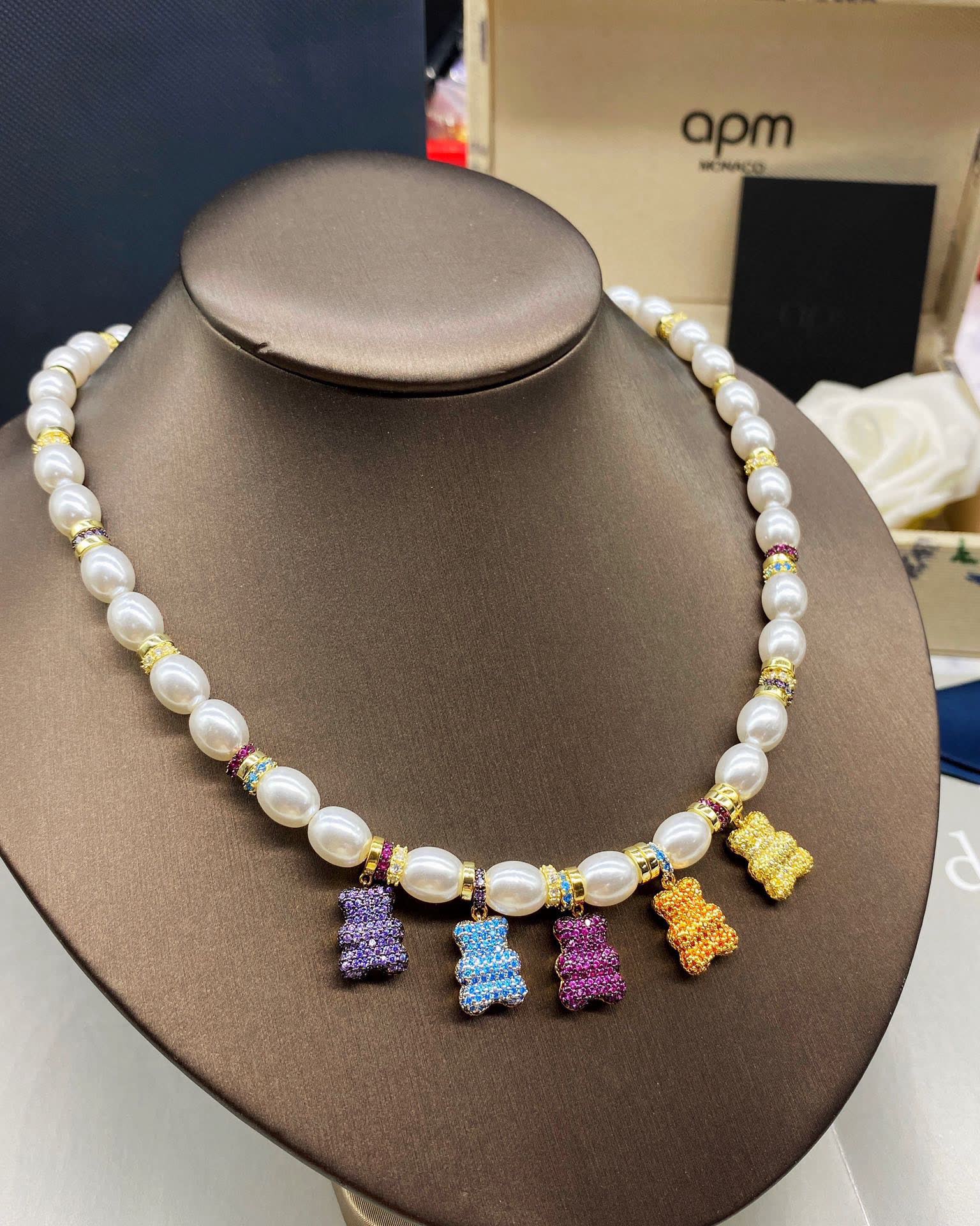 APM Monaco Pearl and Crystal Bear Charm Necklace